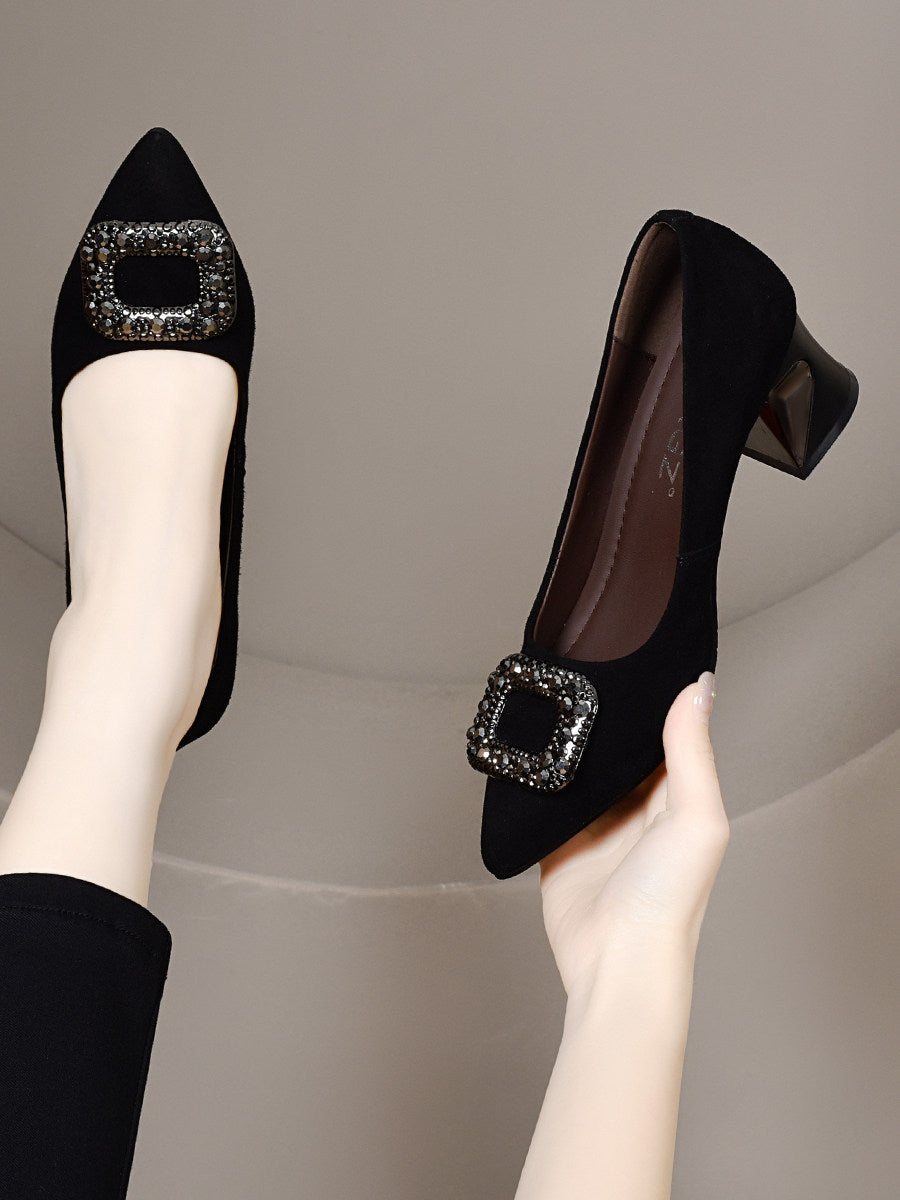 Women's Pointed-Toe Leather Square-Buckle Block Heel Pumps – view 3