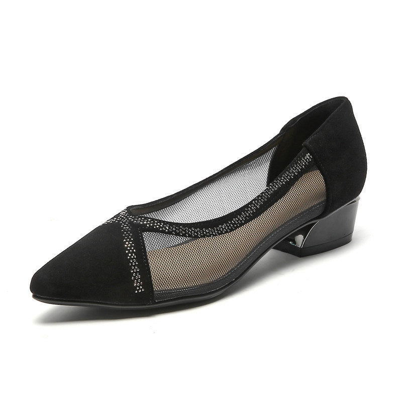 Women's Pointed-Toe Mesh Leather Low Block Heel Pumps – view 1