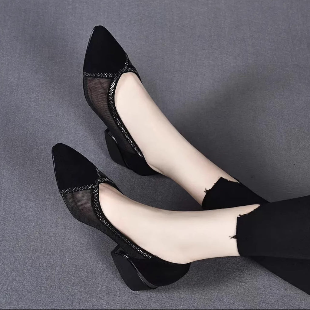 Women's Pointed-Toe Mesh Leather Low Block Heel Pumps – view 2