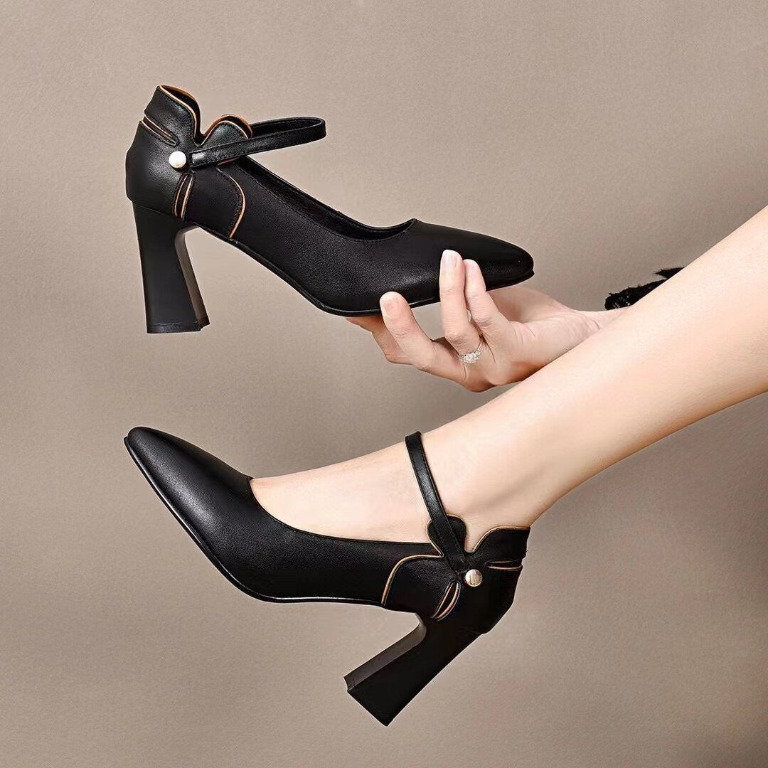 Women's Pointed-Toe Leather Block Heel Mary Jane Pumps – view 3