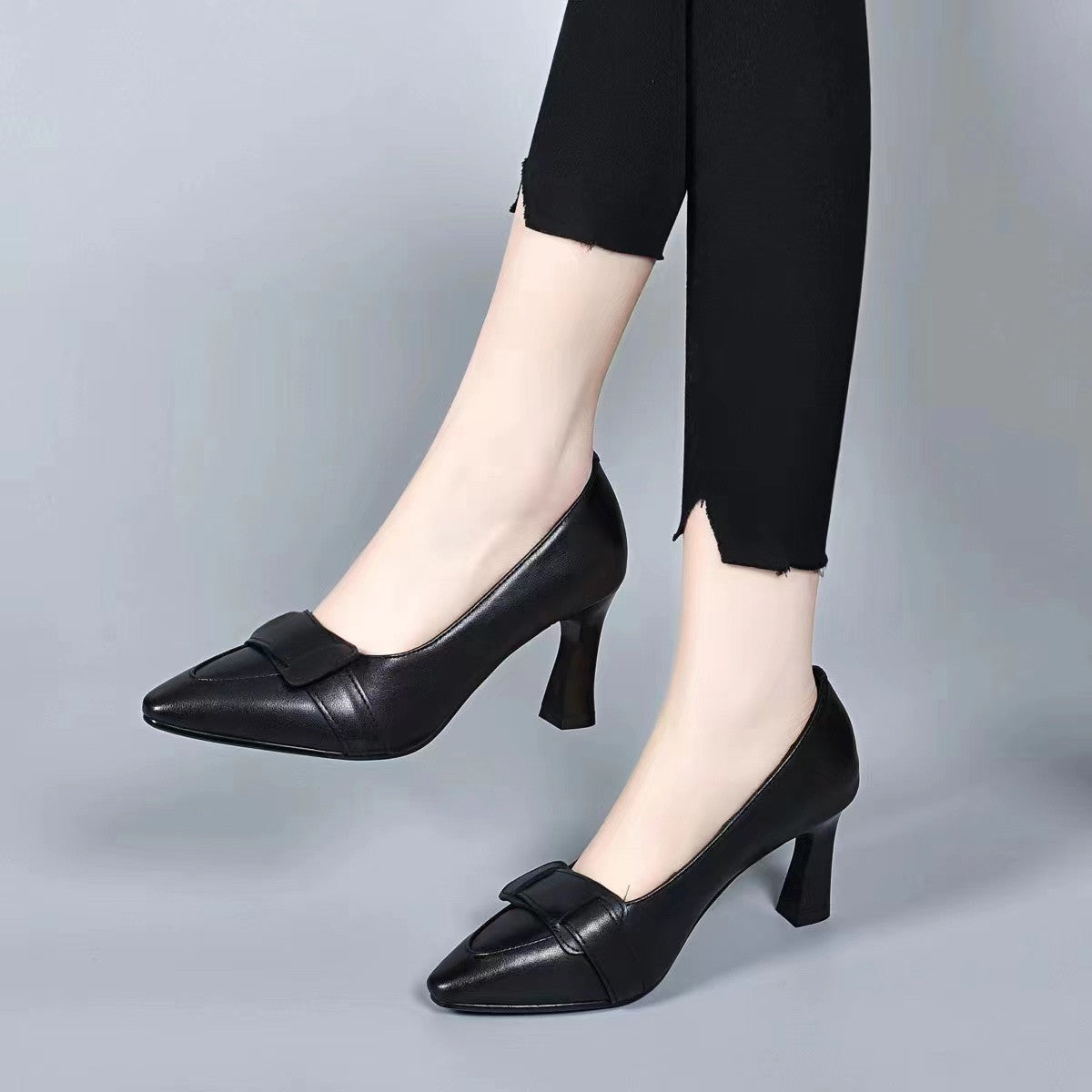 Women's Pointed-Toe Leather Block Heel Pumps – view 1