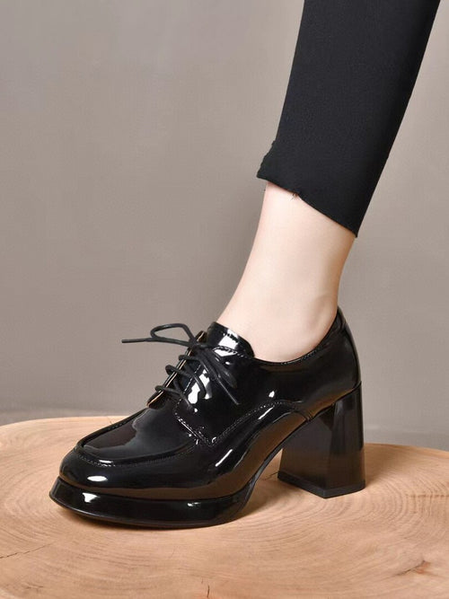 Women's French Platform Patent Leather Lace-Up Block Heel Shoes – view 2