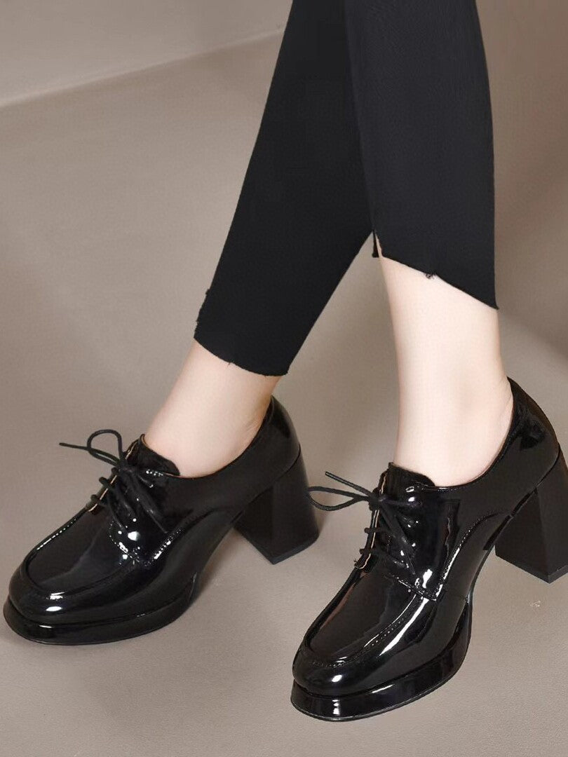 Women's French Platform Patent Leather Lace-Up Block Heel Shoes – view 3