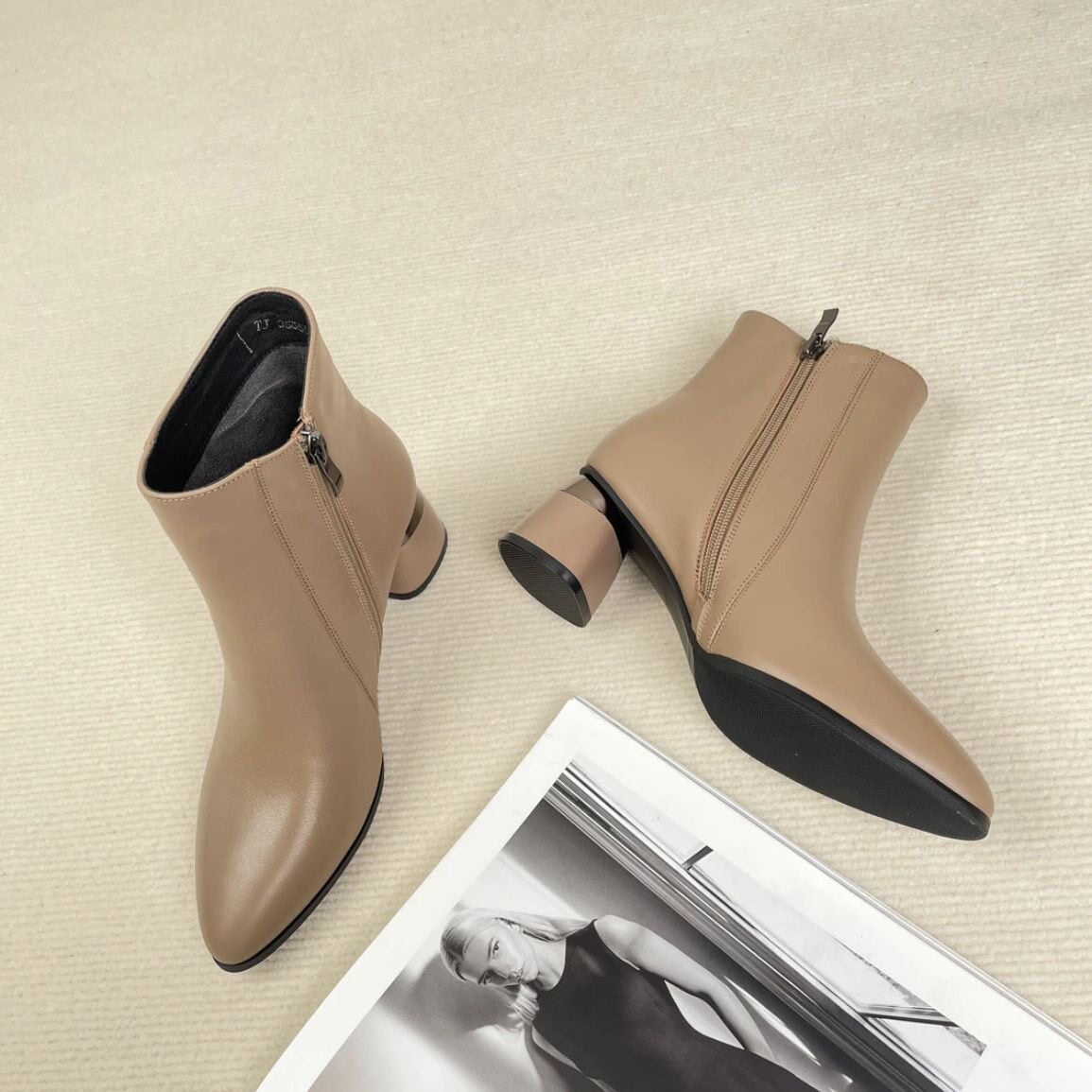 Women's Pointed-Toe Leather Block Heel Ankle Boots – view 3