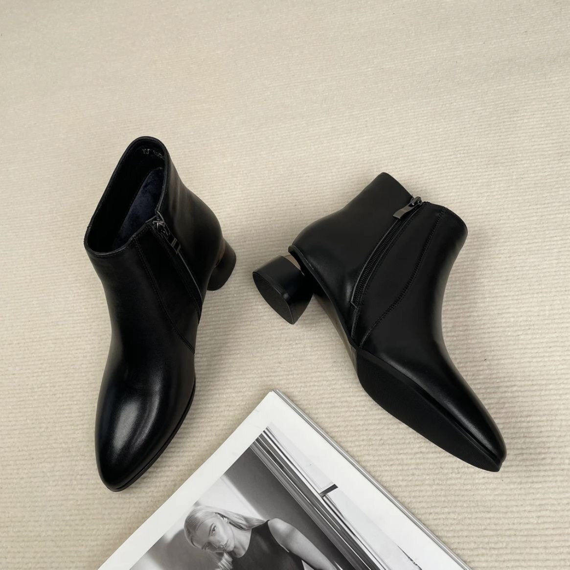 Women's Pointed-Toe Leather Block Heel Ankle Boots – view 4