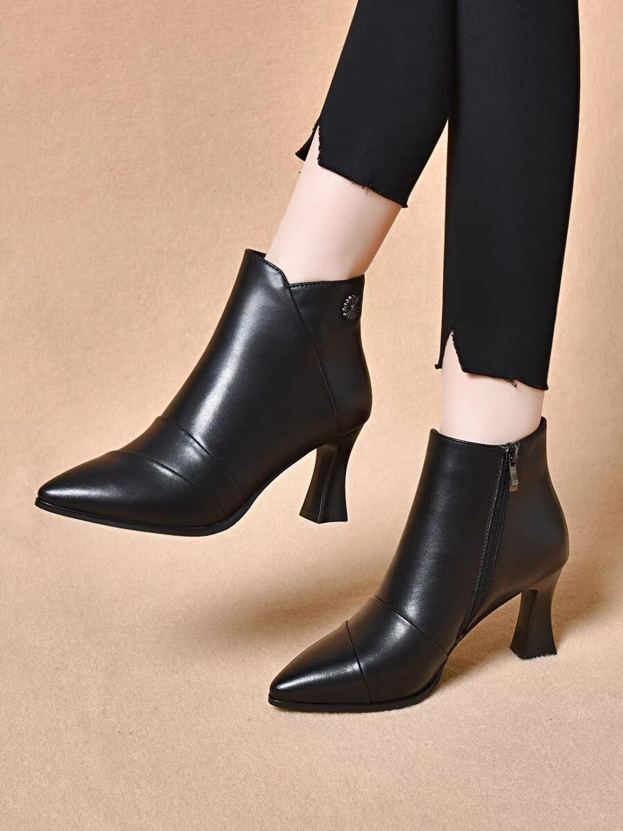 Women's Pointed-Toe Leather Block Heel Ankle Boots – view 3