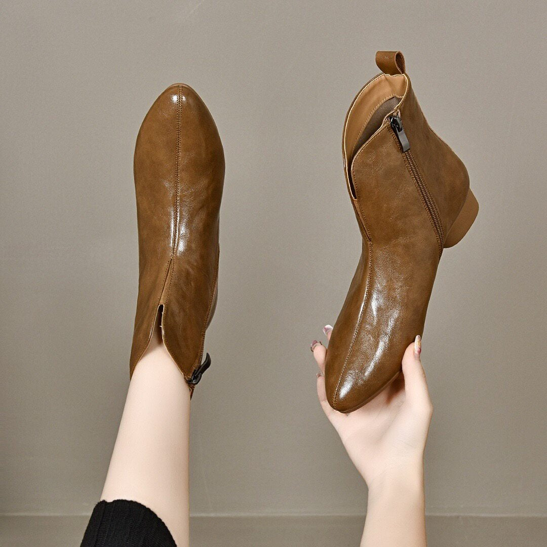 Women's Pointed-Toe Leather Block Heel Ankle Boots – view 2
