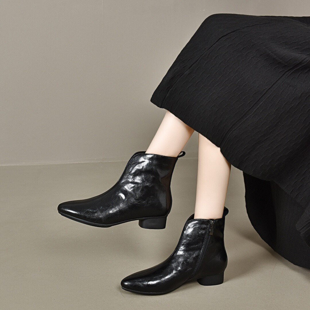 Women's Pointed-Toe Leather Block Heel Ankle Boots – view 3
