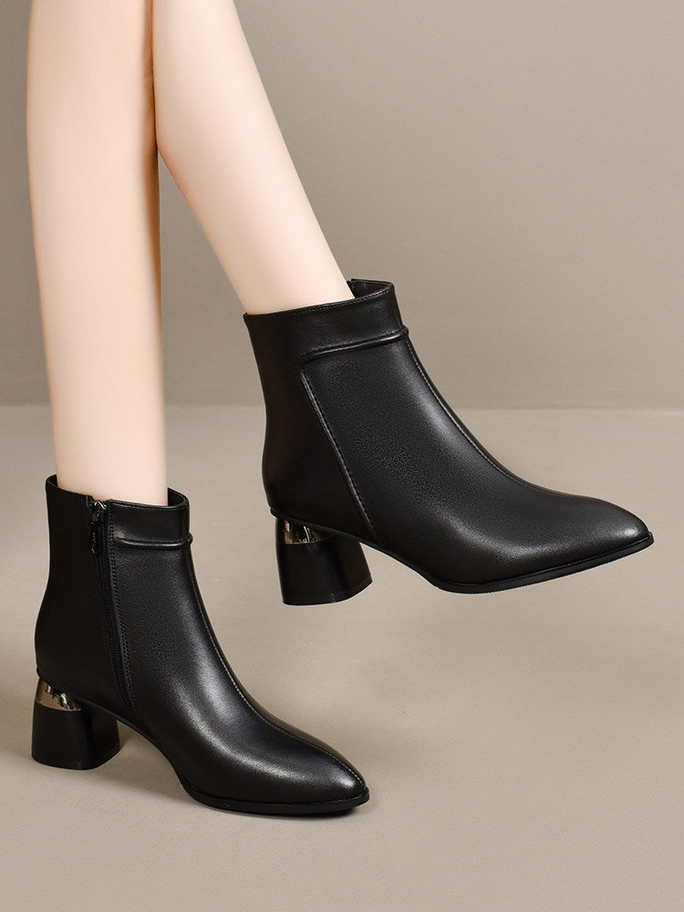 Women's Pointed-Toe Leather Block Heel Ankle Boots – view 3