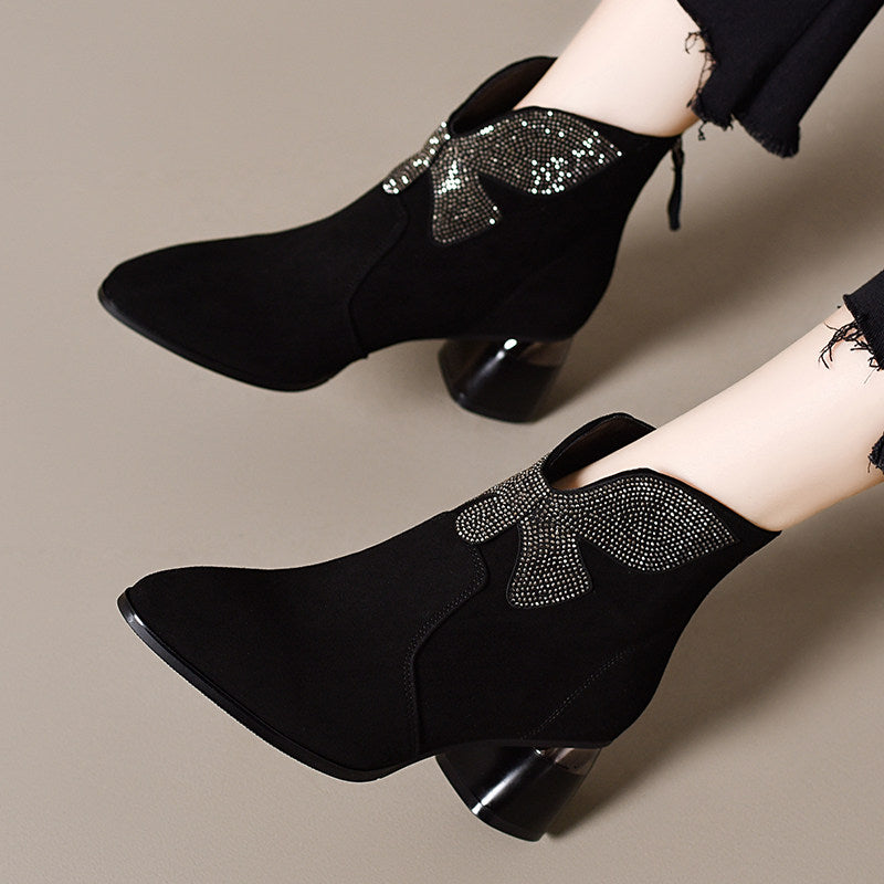 Women's Pointed-Toe Suede Leather Block Heel Ankle Boots – view 2