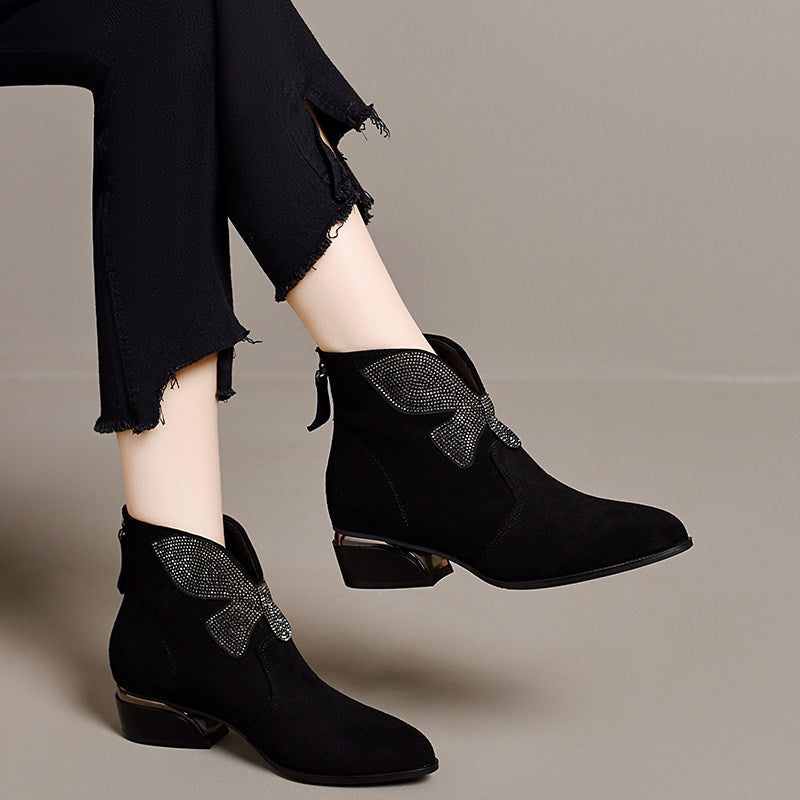Women's Pointed-Toe Suede Leather Block Heel Ankle Boots – view 3
