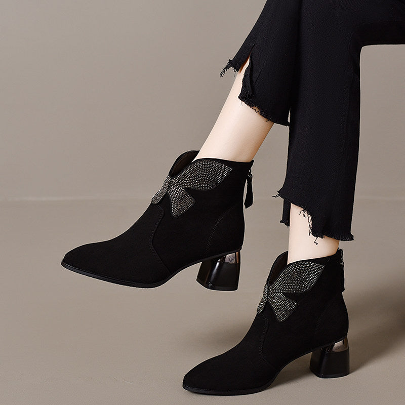 Women's Pointed-Toe Suede Leather Block Heel Ankle Boots – view 4