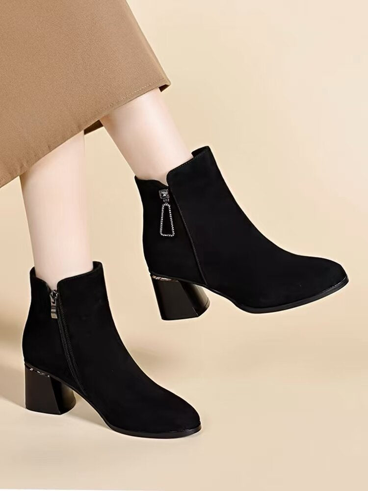 Women's Pointed-Toe Suede Leather Block Heel Ankle Boots – view 1