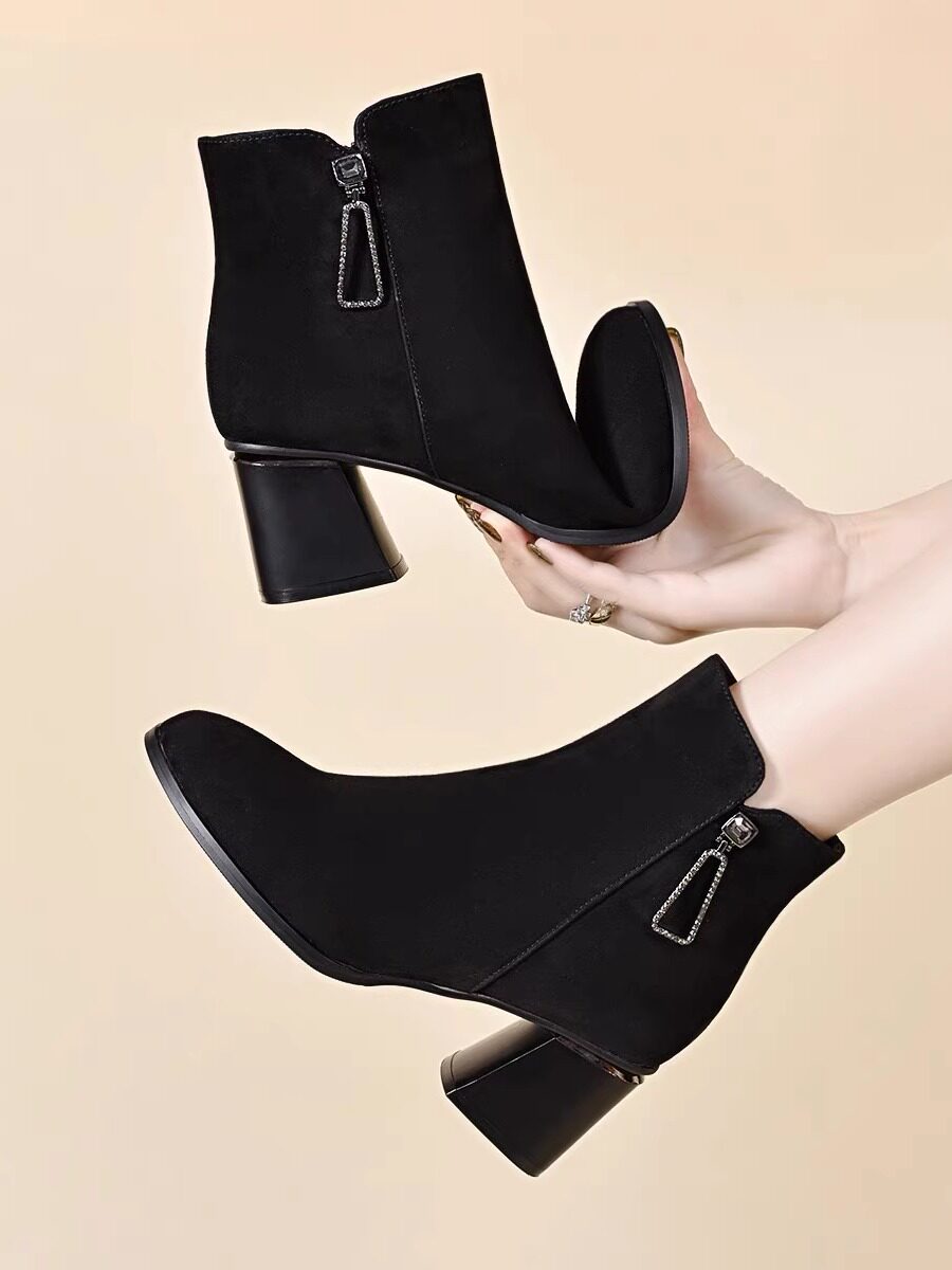 Women's Pointed-Toe Suede Leather Block Heel Ankle Boots – view 3