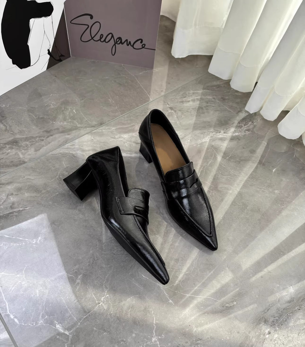 Women's Pointed-Toe Leather Block Heel Loafers – view 1