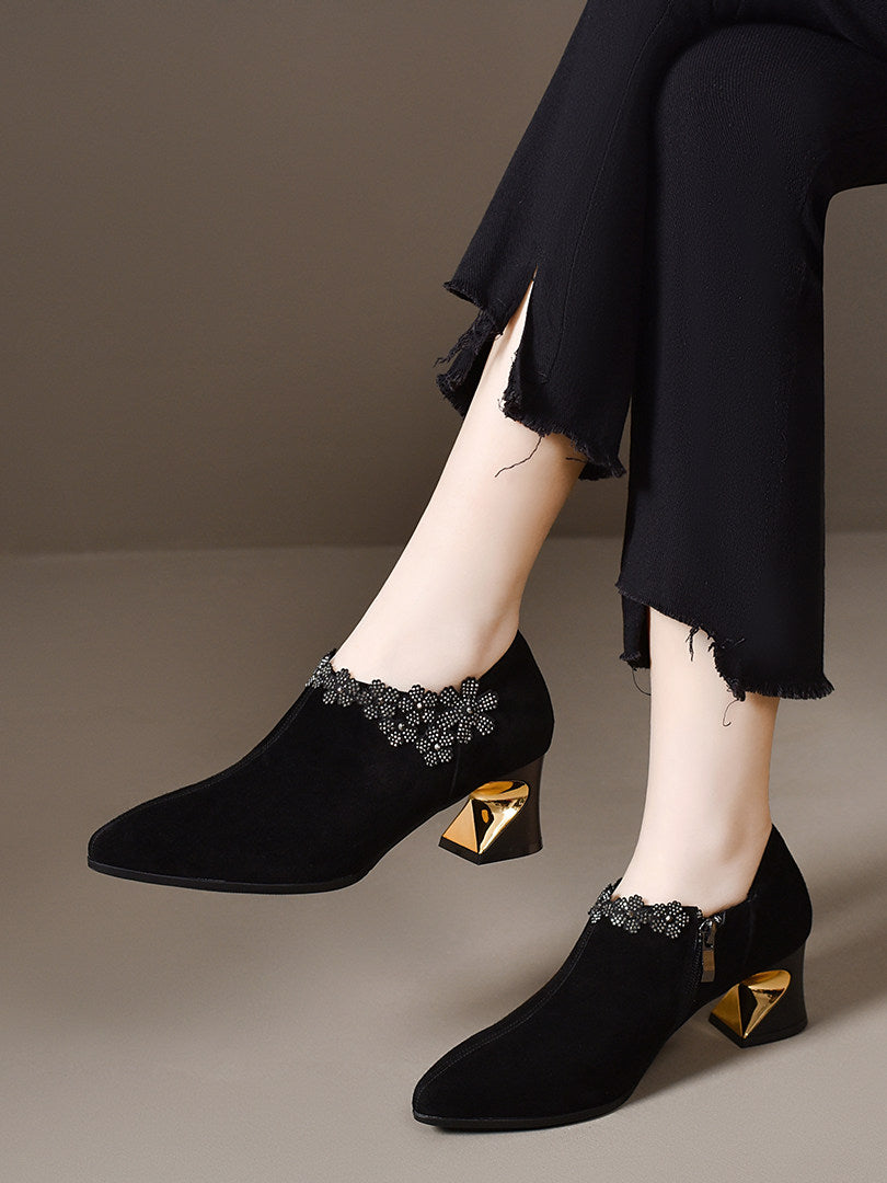 Women's Pointed-Toe Suede Leather Block Heel Pumps – view 3