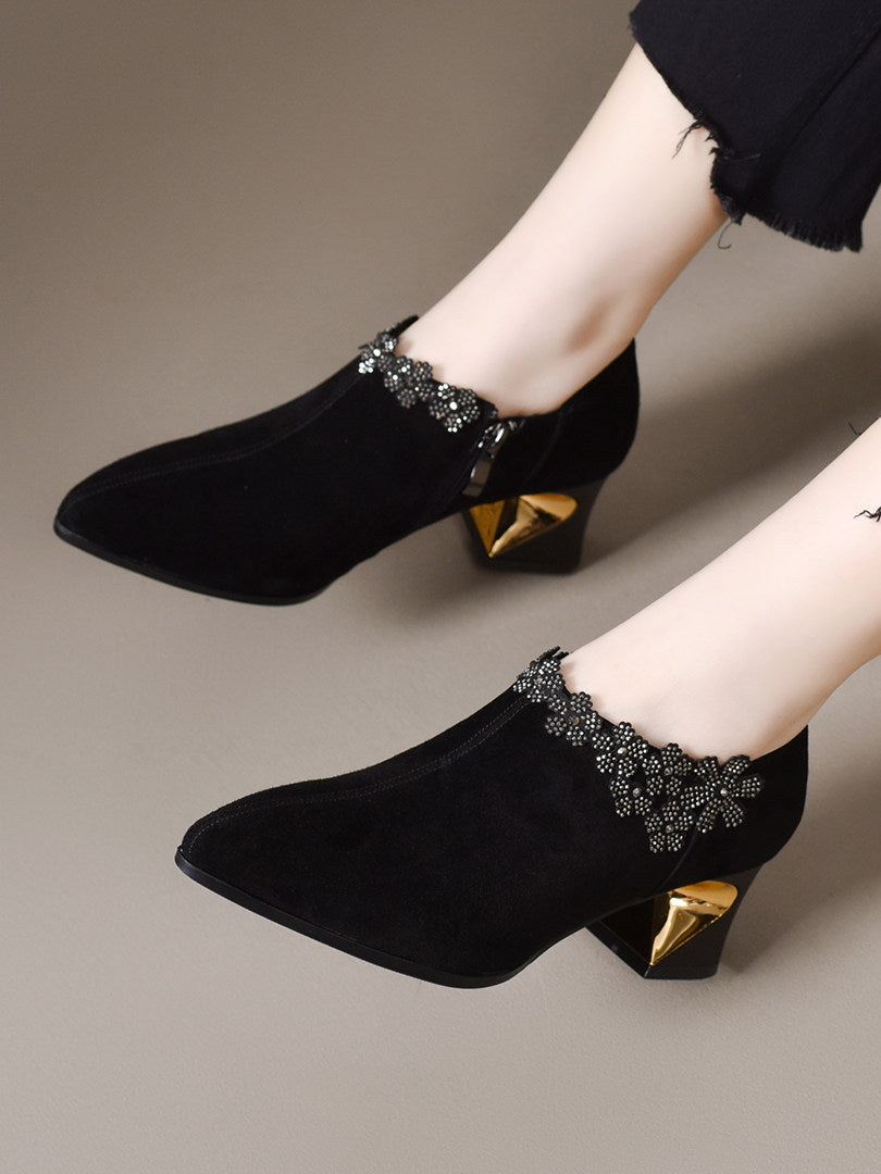 Women's Pointed-Toe Suede Leather Block Heel Pumps – view 4