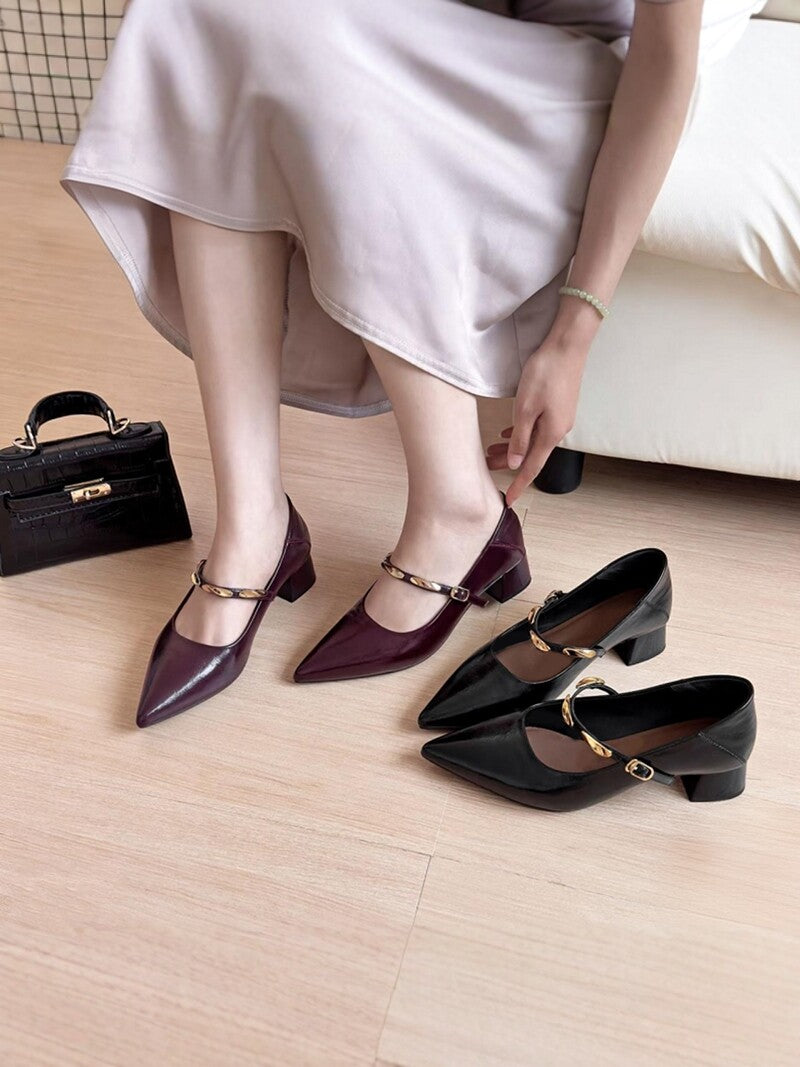 Women's Pointed-Toe Leather Block Heel Mary Jane Pumps – view 2