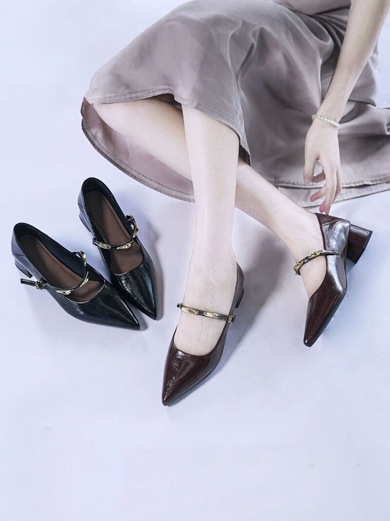 Women's Pointed-Toe Leather Block Heel Mary Jane Pumps – view 4