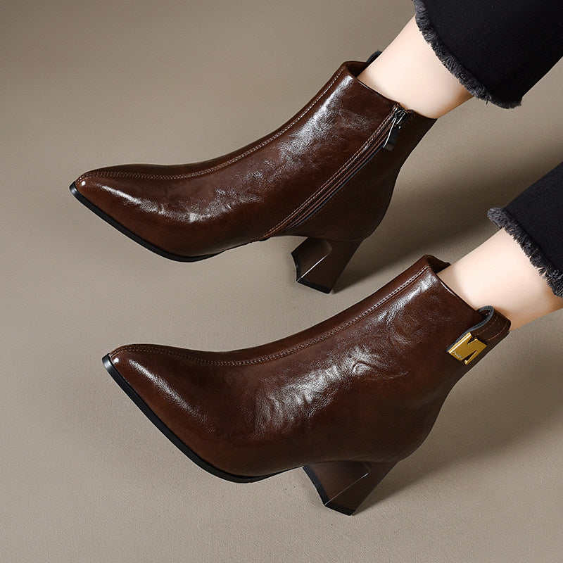 Women's Pointed-Toe Leather Block Heel Ankle Boots – view 2