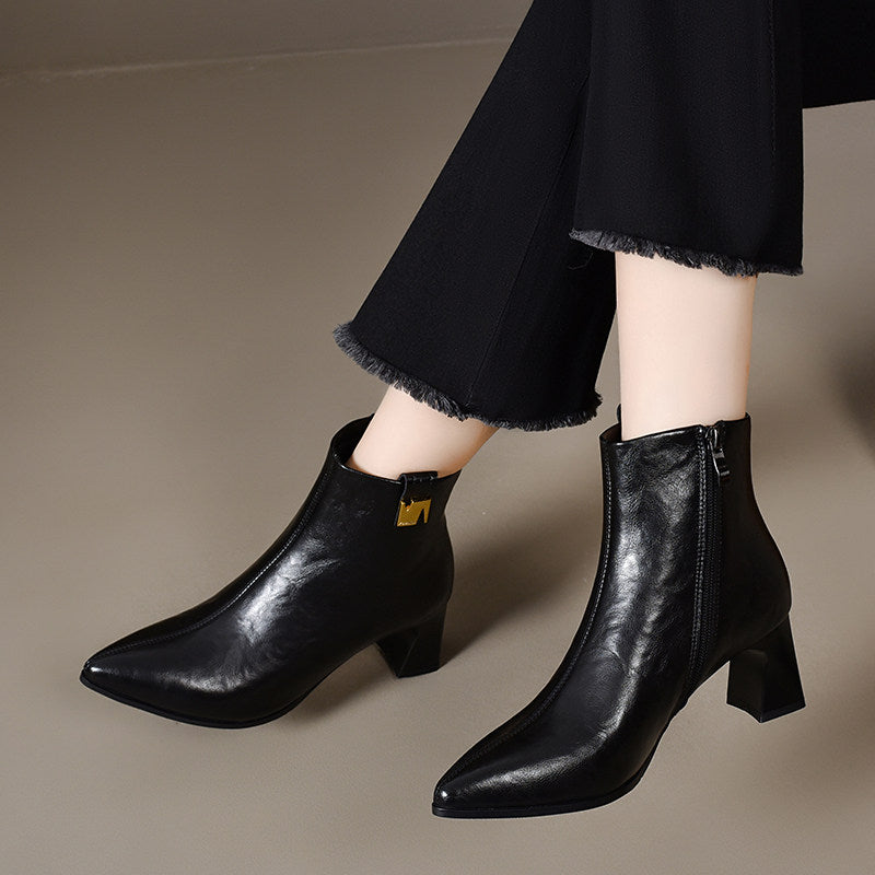 Women's Pointed-Toe Leather Block Heel Ankle Boots – view 3