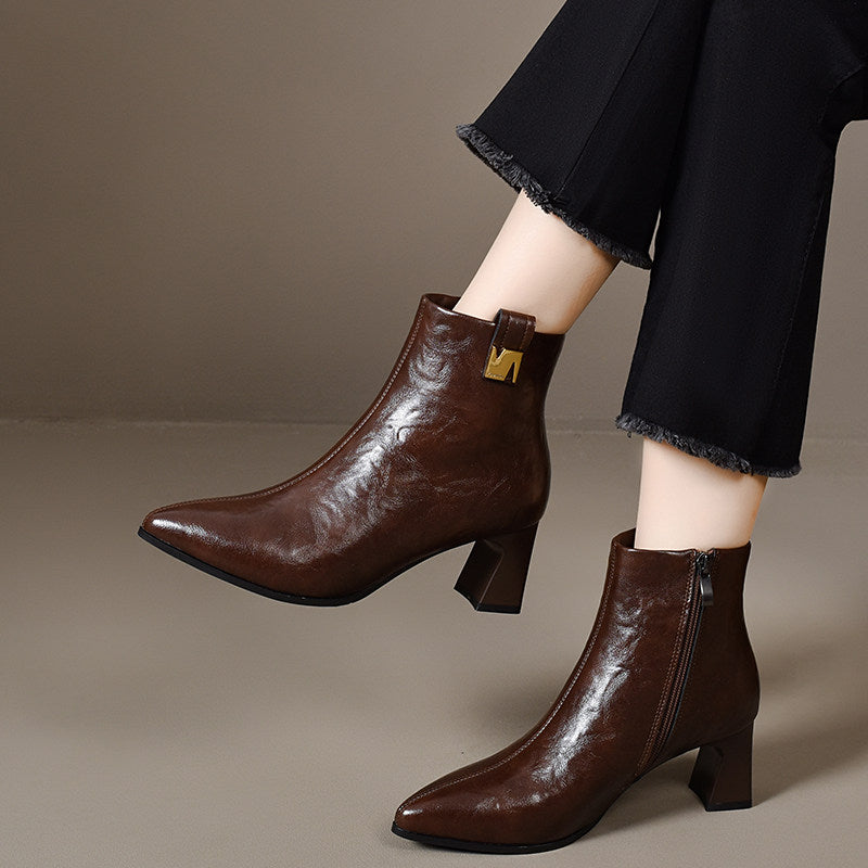 Women's Pointed-Toe Leather Block Heel Ankle Boots – view 4